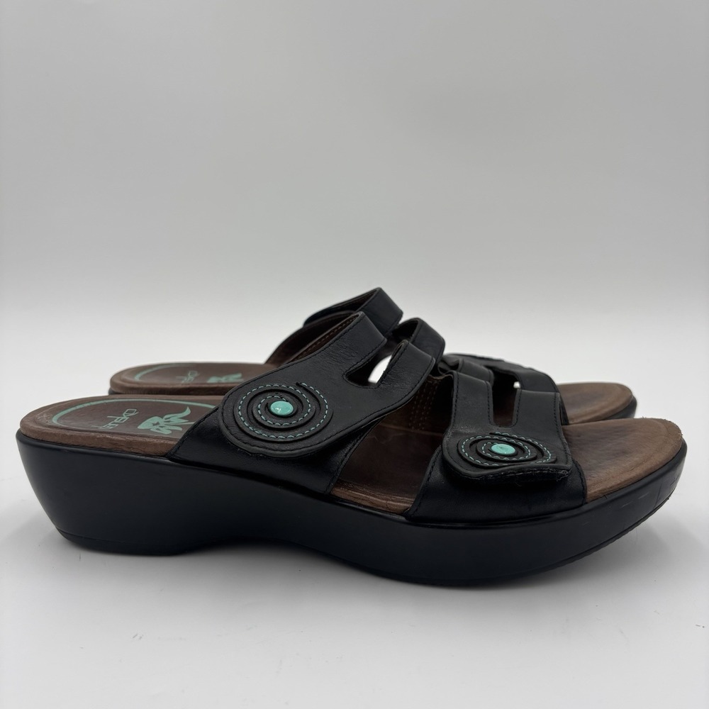 DANSKO Black Leather Sandals Womens Size 11 EU 41 Turquoise Blue Accent Slip On